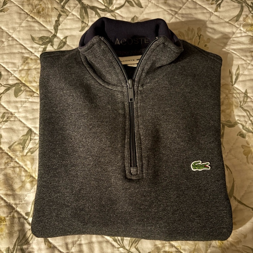 Lacoste Gray Zip Up Sweater with Heathered Texture